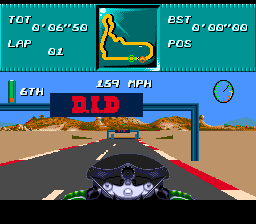Kawasaki Superbike Challenge (Genesis) screenshot: A race in Mexico. This game has some impressive real-time 3D visuals. And in visual aspect it's really different from the SNES version.