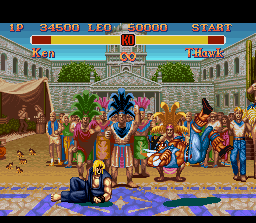 Super Street Fighter II (SNES) screenshot: Ken observes the result of his throw (made with High Kick)... :-)