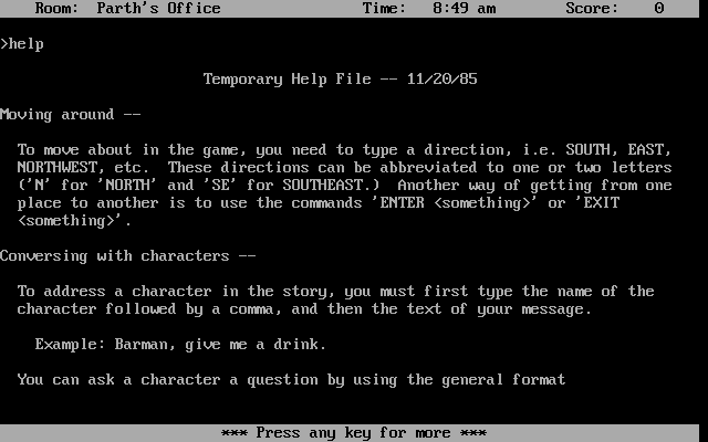 Dopplegänger (DOS) screenshot: The first screen of the game's help file