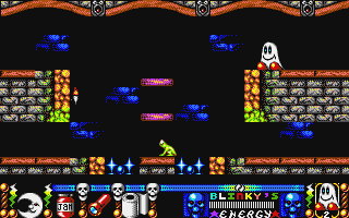 Blinkys Scary School (Atari ST) screenshot: Avoid that killer frog, and don't land on the spikes!