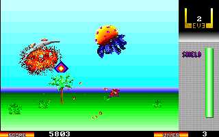 Xyphr (DOS) screenshot: Level Two is called MOOT. It promises towering robots, flying jellyfish and killer satellites. This level's boss is a dragon.