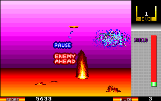 Xyphr (DOS) screenshot: 'P' pauses the game. The 'ENEMY AHEAD' message means the end of level boss is about to appear Version 2.0
