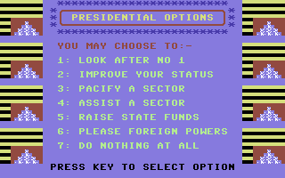 Banana Drama (Commodore 64) screenshot: Presidential Options