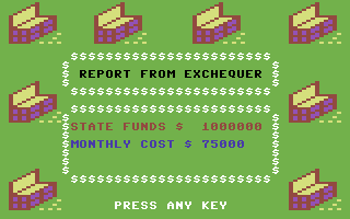 Banana Drama (Commodore 64) screenshot: Report from the Exchequer