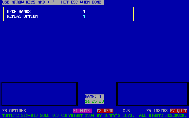 Tommy's Six-Bid Solo (DOS) screenshot: This I s the start of a match. Before it can begin the player must make some configuration choices. These can be changed at any time by reopening this box with the F3 key