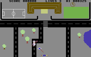 Bionic Granny (Commodore 64) screenshot: Hit by the Lollipop Lady