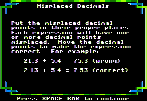 Conquering Decimals (+, -) (Apple II) screenshot: Misplaced Decimals