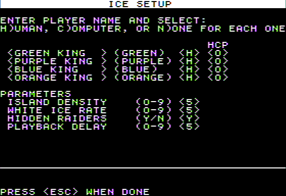Icewar: The Battle of the Lake (Apple II) screenshot: Setting Opponents