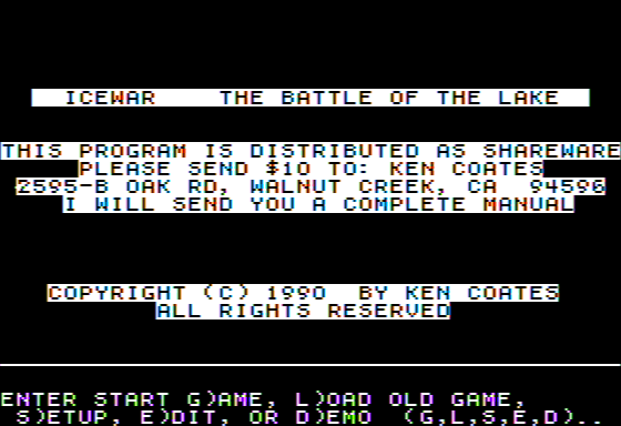 Icewar: The Battle of the Lake (Apple II) screenshot: Introduction/Main Menu