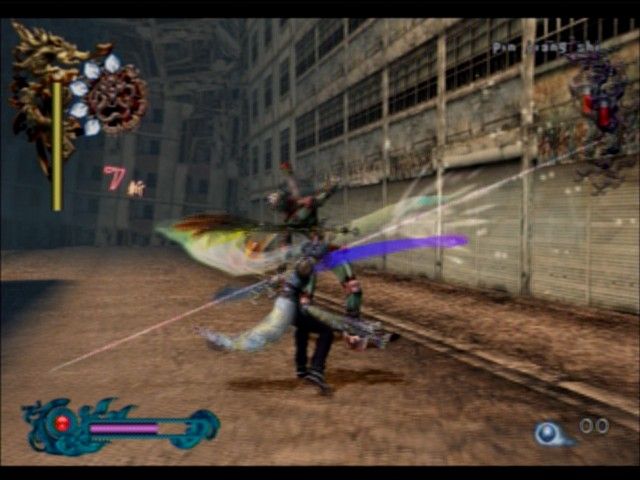 Bujingai: The Forsaken City (PlayStation 2) screenshot: Combo moves are automatic and you can see the current number of a strike in red