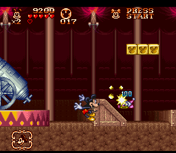 The Great Circus Mystery starring Mickey & Minnie (SNES) screenshot: You can then throw blocks at your enemies