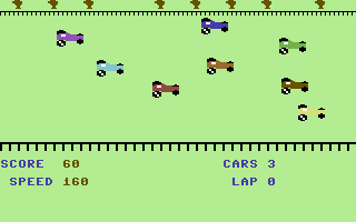 2-Up: Jewel Raiders / Distance Demons (Commodore 64) screenshot: Distant Demons: Overtaking the cars