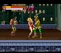 Final Fight 2 (SNES) screenshot: Smashing the "defenseless" ones.