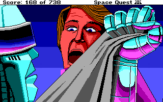 Space Quest III: The Pirates of Pestulon (DOS) screenshot: A dramatic full-screen scene with Arnoid!..