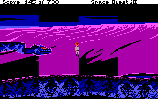 Space Quest III: The Pirates of Pestulon (DOS) screenshot: Roger encounters a giant snake on the planet of Phleebut