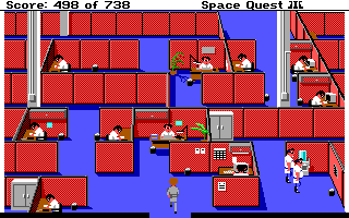 Space Quest III: The Pirates of Pestulon (DOS) screenshot: Infiltrating Scum Soft, disguised... as a janitor