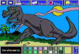 Electric Crayon Deluxe: Dinosaurs Are Forever (Apple II) screenshot: Ceratosaurus had a horn-like growth above its nose and a bony ridge above each eye