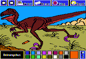 Electric Crayon Deluxe: Dinosaurs Are Forever (Apple II) screenshot: Deinonychus was an extremely fast runner and used its unique sickle-shaped claw on its hind feet to rip open its prey