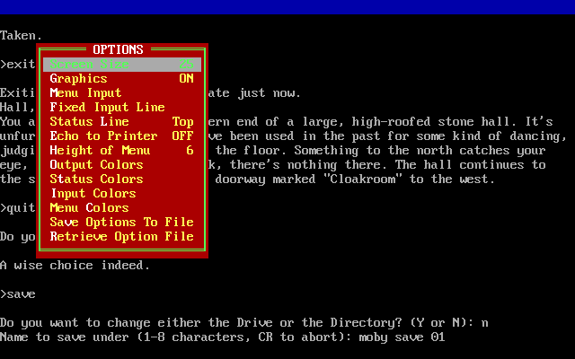 The Multi-dimensional Thief (DOS) screenshot: The game has a save/load function which is in progress here. The red menu is accessed by pressing the ESC key