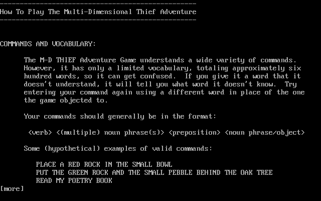 The Multi-dimensional Thief (DOS) screenshot: There are quite a few help screens. This is the first of them