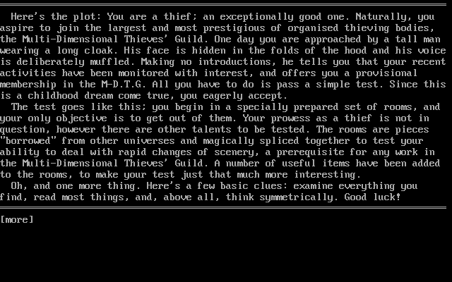 The Multi-dimensional Thief (DOS) screenshot: The first game screen nicely summarises the story