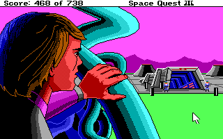 Space Quest III: The Pirates of Pestulon (DOS) screenshot: Roger arrives at Scum Soft headquarters