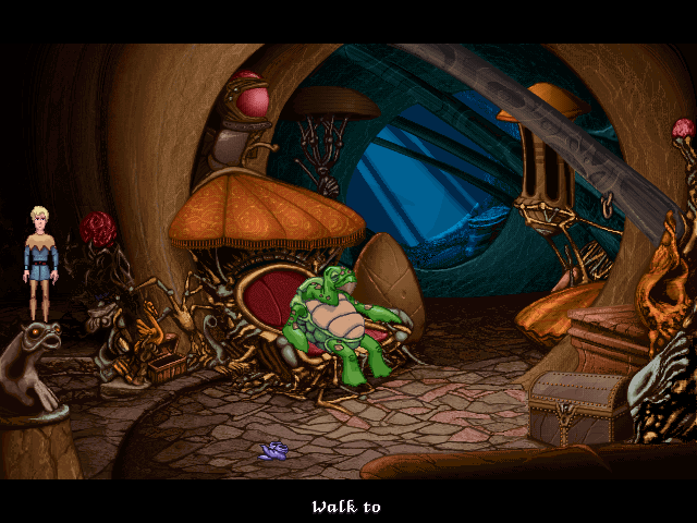 Fable (DOS) screenshot: Kouppa is a rich turtle who will give you a treasure map for three identical pearls for his collection.