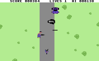 BMX Racers (Commodore 64) screenshot: A Granny throwing her walking stick