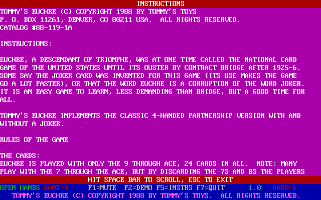 Tommy's Euchre (DOS) screenshot: The game's help file. The game reads and displays a .doc file that is in the game directory. It's easier to read the file directly