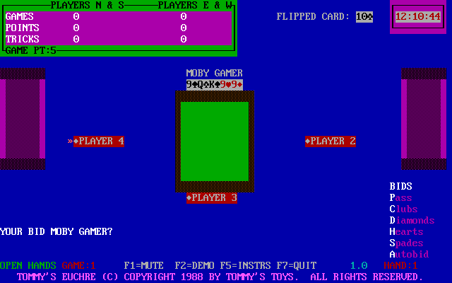 Tommy's Euchre (DOS) screenshot: The start of a game. here there is only one human player, the computer plays the other three hands