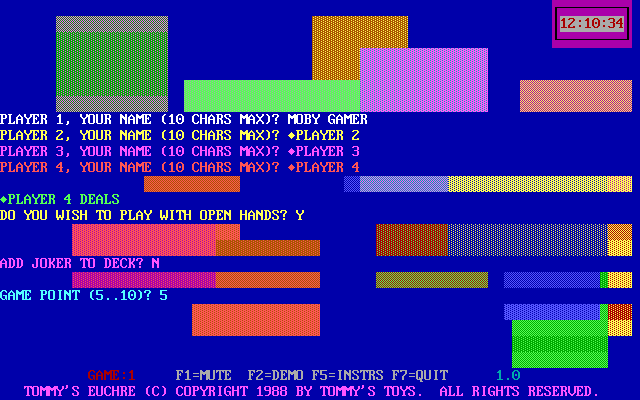 Tommy's Euchre (DOS) screenshot: Before the game begins the player(s) enter their names and answer some configuration questions