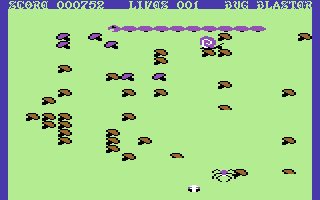 Bug Blaster (Commodore 64) screenshot: A spider is chasing you