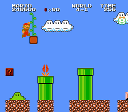 Super Mario Bros. 2 (NES) screenshot: A hard to reach vine, but there's a possibility of a shortcut or warp