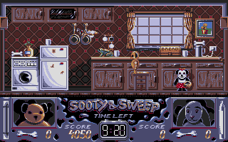 Kids Rule OK! (DOS) screenshot: <i>Sooty & Sweep</i>: Jumping in the kitchen