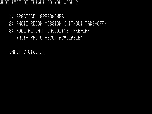 Night Flight (TRS-80) screenshot: Main Menu