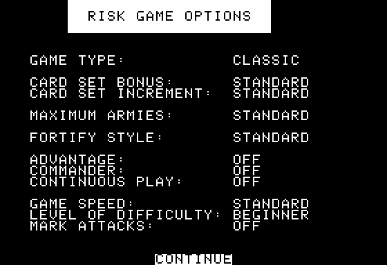The Computer Edition of Risk: The World Conquest Game (Apple II) screenshot: Board Setup