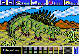 Electric Crayon Deluxe: Dinosaurs Are Forever (Apple II) screenshot: Polacanthus had a protective bony armor that was covered from neck to hips with large spikes and its tail was covered with 2 rows of vertical plates