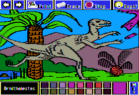 Electric Crayon Deluxe: Dinosaurs Are Forever (Apple II) screenshot: Ornitholestes was a swift runner, built for speed, and ate small reptiles and birds