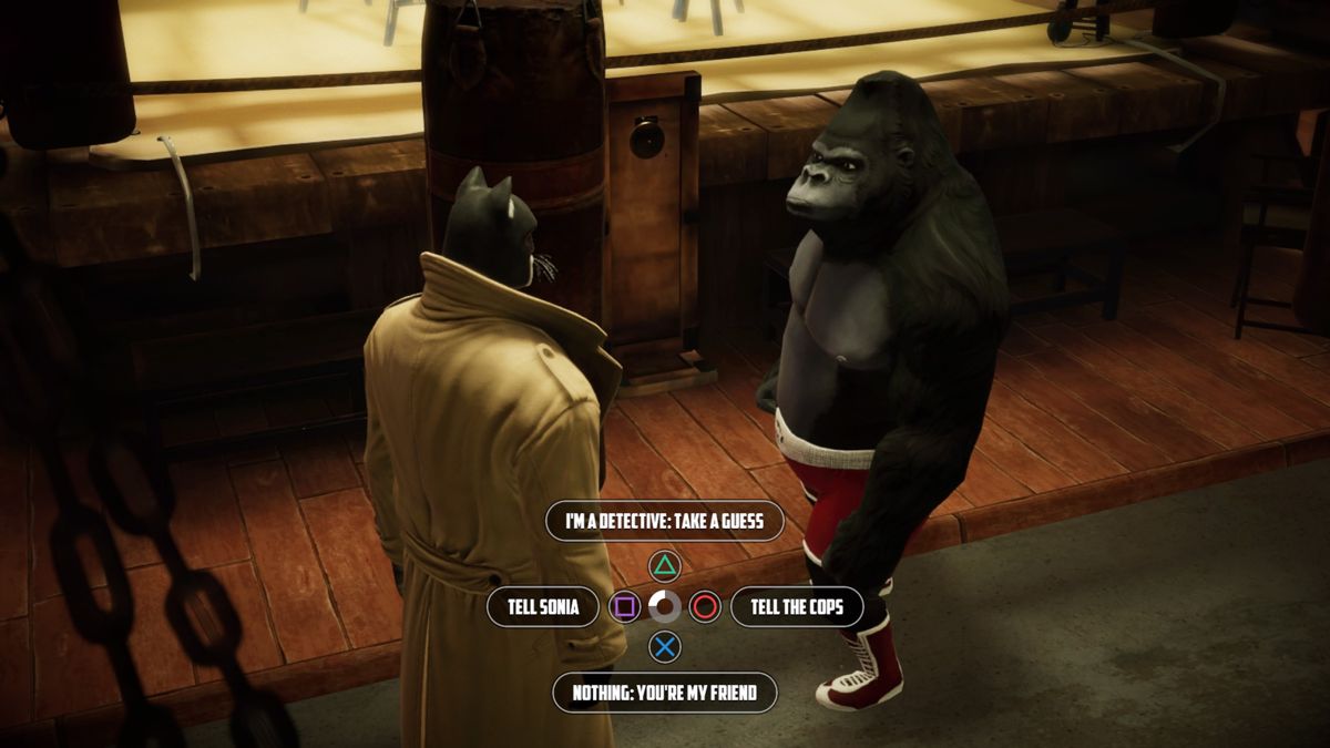 Blacksad: Under the Skin (PlayStation 4) screenshot: Questioning Jake about his association with Desmond O'Leary