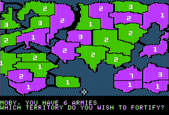 The Computer Edition of Risk: The World Conquest Game (Apple II) screenshot: Not Moby now Controls Australia, and Moby is Placing Units