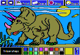Electric Crayon Deluxe: Dinosaurs Are Forever (Apple II) screenshot: Triceratops was well defended with its solid frill, 2 horns above the eyes and 1 horn above its snout