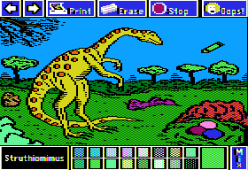 Electric Crayon Deluxe: Dinosaurs Are Forever (Apple II) screenshot: Struthiomimus ate small reptiles, insects, fruit and other vegetation, and eggs of other dinosaurs