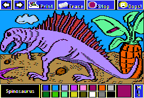 Electric Crayon Deluxe: Dinosaurs Are Forever (Apple II) screenshot: Spinosaurus had spines probably acted as a radiator, to control the body temperature
