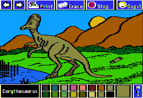 Electric Crayon Deluxe: Dinosaurs Are Forever (Apple II) screenshot: Corythosaurus had an extremely large, hollow crest on its head, possibly used to amplify its mating or warning calls