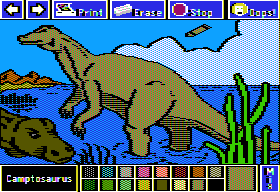 Electric Crayon Deluxe: Dinosaurs Are Forever (Apple II) screenshot: Camptosaurus had hoof-like feet and hands, and a horny beak used to eat plants