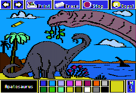 Electric Crayon Deluxe: Dinosaurs Are Forever (Apple II) screenshot: Apatosaurus had a long neck and tail, huge body with a very small head, and legs and feet similar to an elephant