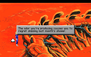 Space Quest I: Roger Wilco in the Sarien Encounter (DOS) screenshot: Roger is smelling himself (no, really) near a mysterious giant skeleton on Kerona