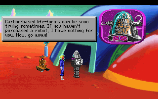 Space Quest I: Roger Wilco in the Sarien Encounter (DOS) screenshot: Talking to your droid near a Droids-B-Us warehouse