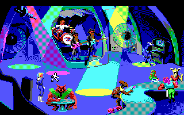Space Quest I: Roger Wilco in the Sarien Encounter (DOS) screenshot: ZZTop at the Rocket Bar (EGA/Tandy)
