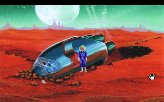 Space Quest I: Roger Wilco in the Sarien Encounter (DOS) screenshot: Crash-landed on the desert planet Kerona. Moody, atmospheric graphics